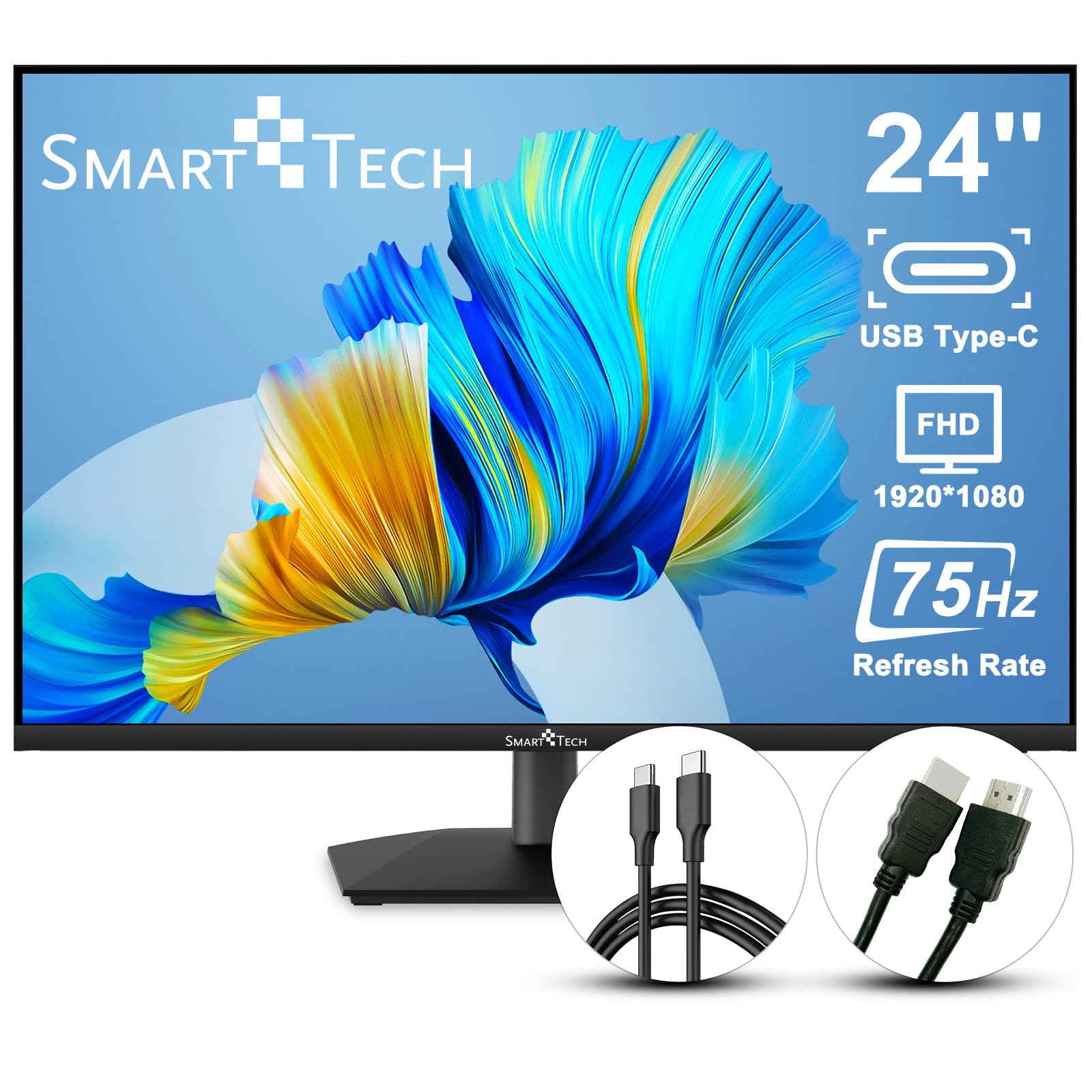 SMART TECH Monitor: 24 Zoll, 75 Hz, FHD, HDMI, VGA, Type-C, Augenkomfort, VESA-Montage, 238N01FIF (Type-C- und HDMI-Kabel enthalten)