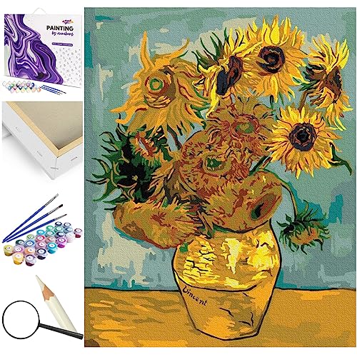 Artnapi Malen nach Zahlen Erwachsene mit Rahmen | DIY Handgemalt | Blumen - Sonnenblumen (Van Gogh) | Kit für Anfänger und Erwachsene | Set inklusive Acrylfarben & Pinsel | 40x50cm Leinwand