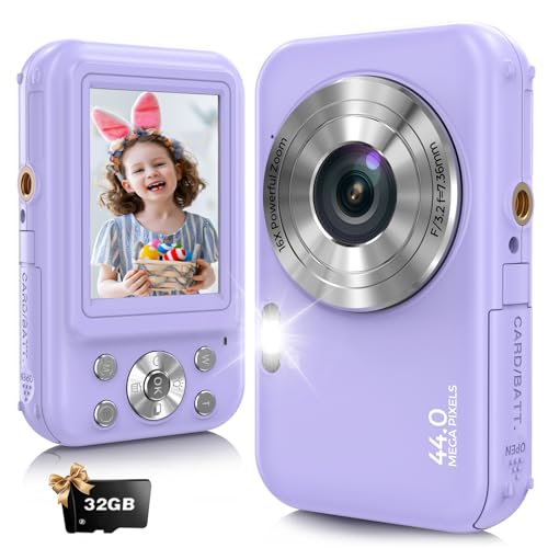 Digitalkamera, Fotokamera Kompaktkamera mit 32GB Karte, FHD 1080P 44MP mit 16-fachem Digitalzoom, Fotoapparat Tragbare Minikamera für Jugendliche, Kinder, Studenten (violett)