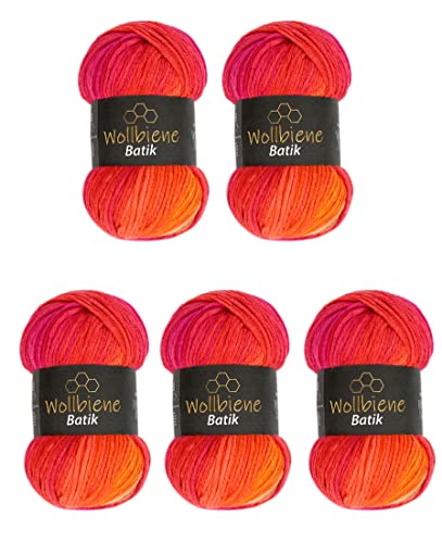 5 x 100g Wollbiene Batik 500 Gramm Wolle mit Farbverlauf mehrfarbig Multicolor Strickwolle Häkelwolle (1410 rot orange)