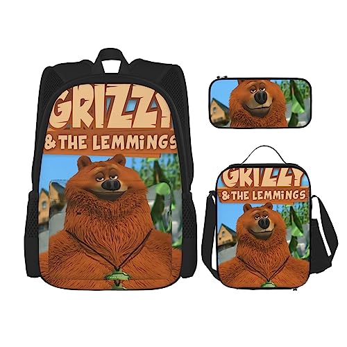 BRPOSOILYS Grizzy And The Lemmings Backpack Teen Boys And Girls with Lunch Box Pencil Case 3 in 1, lemmings 15, Taglia Unica, Rucksack Backpacks