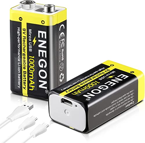 ENEGON 2 x 9 V wiederaufladbare Batterien, 1000 mAh mit USB-Ladekabel Typ C 2-in-1, Li-Ion-Akkus 6F22, 9 V, hohe Kapazität für Rauchmelder, Spielzeug, Mikrofone, Walkie-Talkies und mehr
