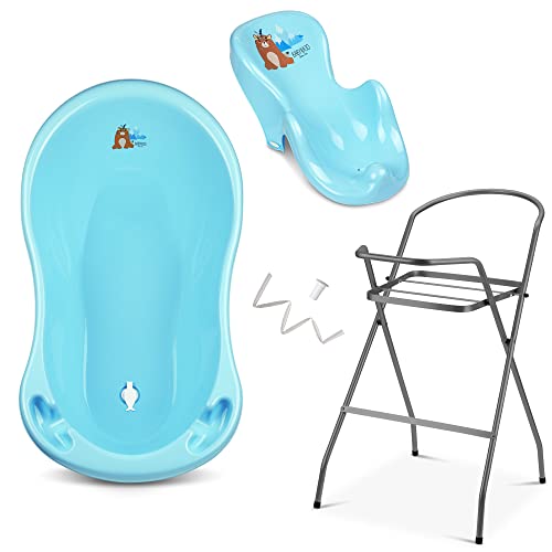 Baby Badewanne mit Gestell und Badewannensitz - Verschiedene Sets für Neugeborene mit Babybadewannen + Ständer +Abfluss + Badewannensitz - Babywanne mit Ständer