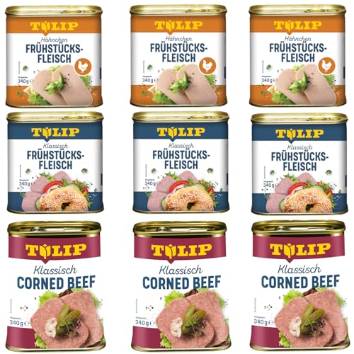TULIP 3x Klassisches Corned Beef 340g + 3x Hähnchen-Frühstücksfleisch 340g + 3x Schweine-Frühstücksfleisch 340g | 98% Rindfleisch 86% Schweinefleisch 80% Hühnerfleisch | Konservenfleisch