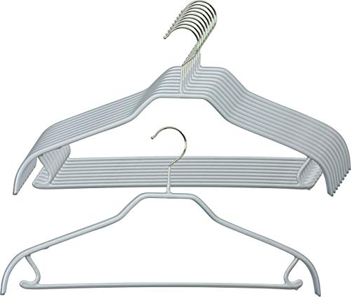 MAWA Kleiderbügel, 10 Stück, platzsparende und rutschfeste Universalbügel mit Rockhaken und Steg für T-Shirts, Hosen, Röcke und Tops, 360° drehbar, hochwertige Antirutsch-Beschichtung, 41 cm, Silber