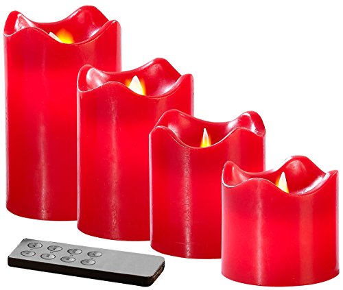 Britesta Elektrische Kerzen: 4 Echtwachskerzen mit beweglicher LED-Flamme, Abgestuft, rot (LED Kerzen hochwertig)