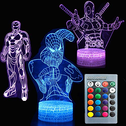 3D Nachtlicht Avengers Touch Tisch Schreibtischlampe Drei Muster Iron Man/Spiderman/Deadpool 7 Farben Optische Täuschungsleuchten mit Acryl-Flach- und ABS-Rissbasis und USB-Kabel für Kinder Kinder
