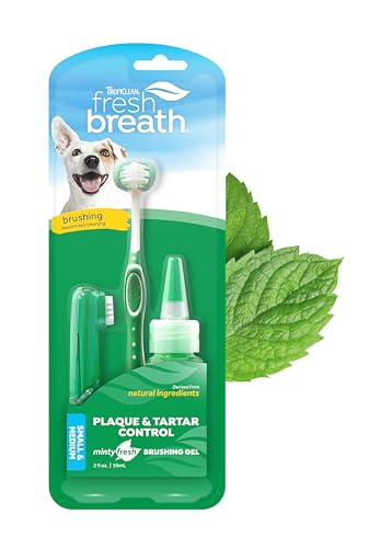 TropiClean Fresh Breath Mundpflegeset für kleine Hunde - Entfernt Plaque und Zahnstein - Enthält TripleFlex Zahnbürste, Fingerbürste und Bürstengel - 59 ml