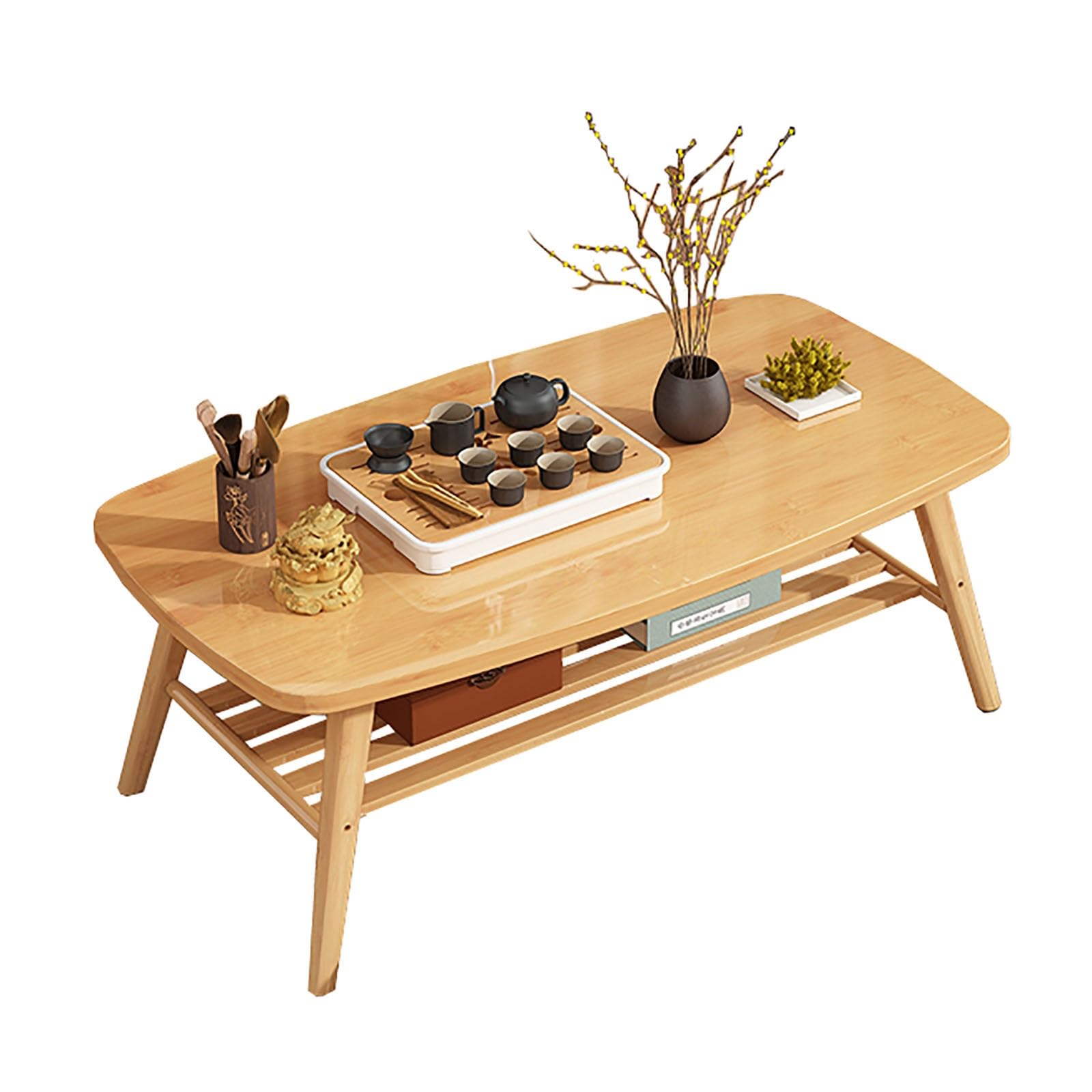 Moderner, einfacher niedriger Tisch, doppellagiger Tee-Couchtisch im japanischen Stil mit Ablagefläche, dick gerahmter Holzkantentisch, for Zuhause, Schlafzimmer, Büro ( Color : B , Size : 100x50x63cm