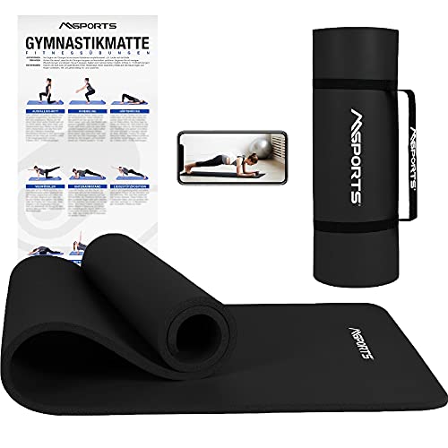 MSPORTS Gymnastikmatte Premium inkl. Tragegurt + Übungsposter + Workout App I Hautfreundliche Fitnessmatte 190 x 100 x 1,5 cm - Schwarz-Matt - Phthalatfreie Yogamatte