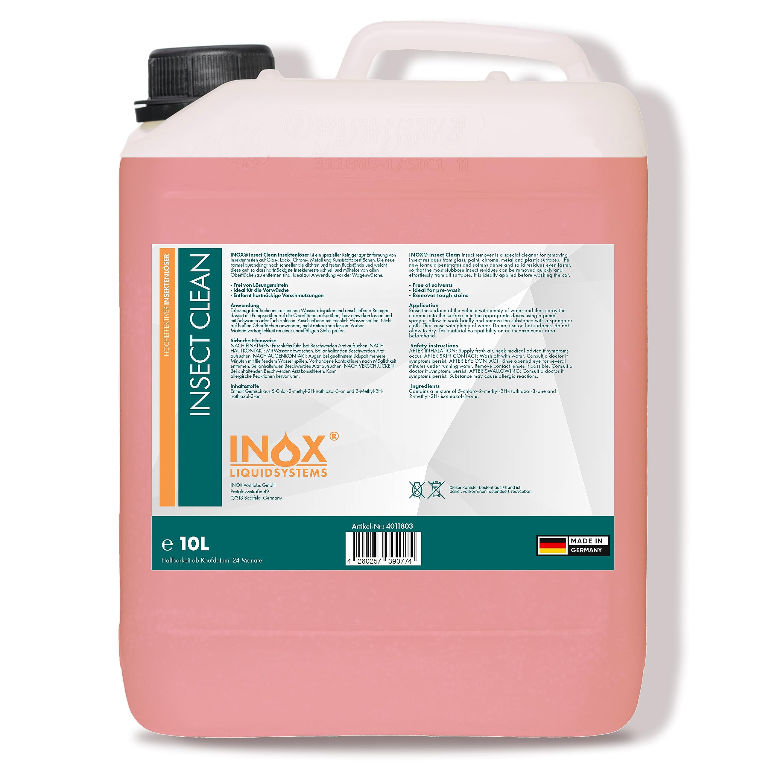 INOX - Hocheffektiver Insektenreiniger Auto 10L | KFZ-Insektenentferner sehr Lack schonend | Insektenlöser für Lack, Glas, Kunststoff & Chrom geeignet