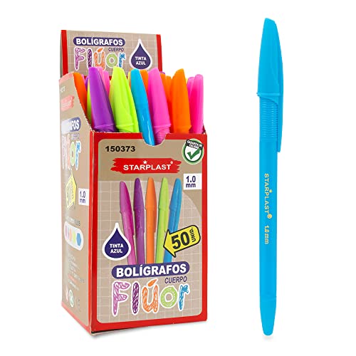 Starplast 100 Stück Kugelschreiber mit Kappe, 5 Neonfarben, 100 Stück, rutschfest, mit Ausstellungsbox, blaue Tinte, für Schule oder Büro.
