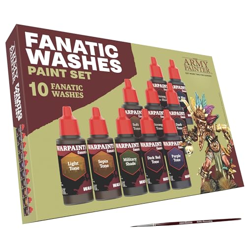 The Army Painter, Warpaints Fanatic Washes Set Combo, Set von 10 Acrylfarben in 18 ml Tropfflaschen zum Waschen und Schattieren von Miniaturmodellen, plus 1 kostenloser Grundierungspinsel.
