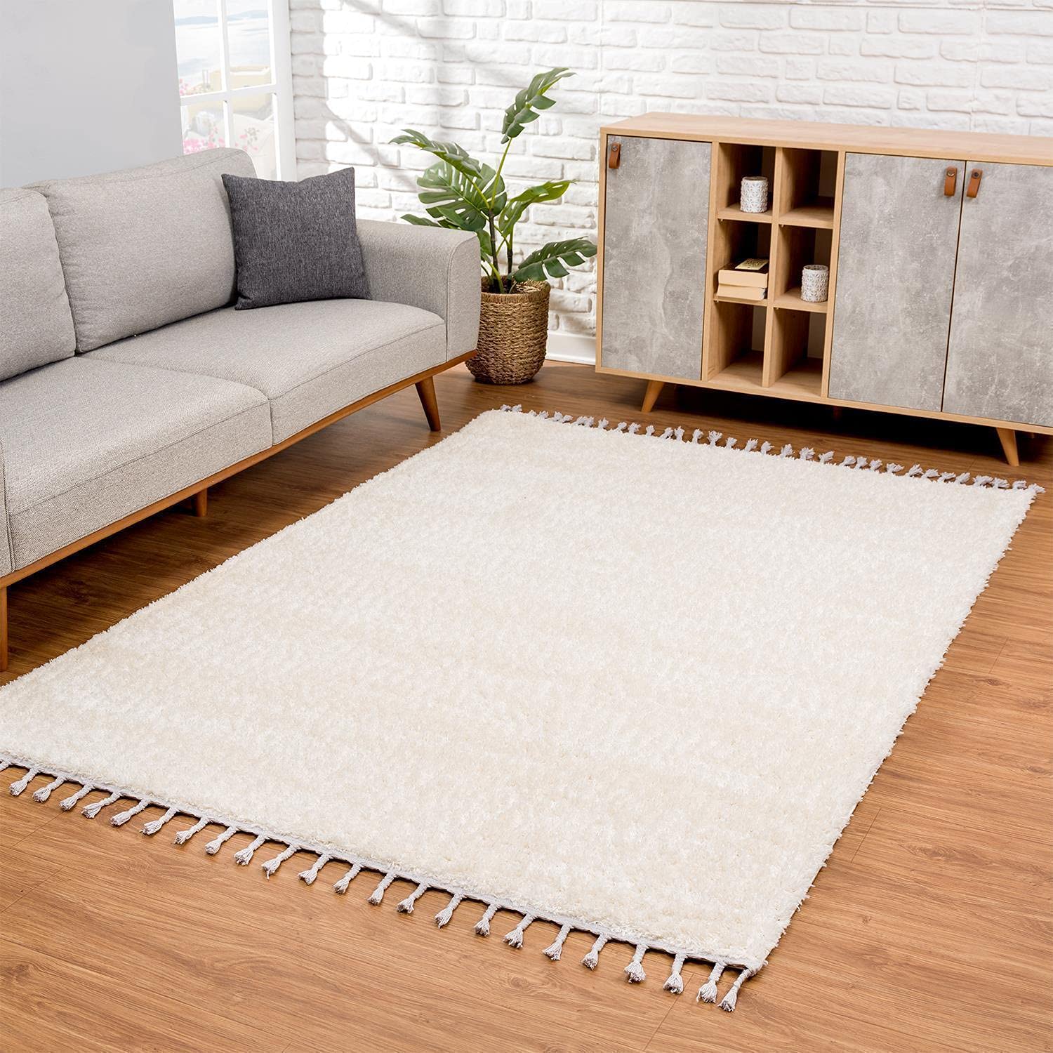 carpet city Teppich Wohnzimmer - Shaggy Hochflor Creme - 80x150 cm Einfarbig - Moderne Teppiche mit Fransen