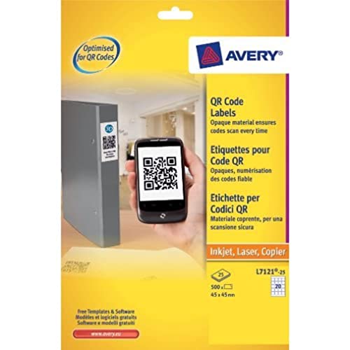 Avery Dennison L7121-25 QR-Code-Etiketten, quadratisch, blickdicht, Weiß, 20 Etiketten pro Blatt, 500 Etiketten 45 x 45 mm