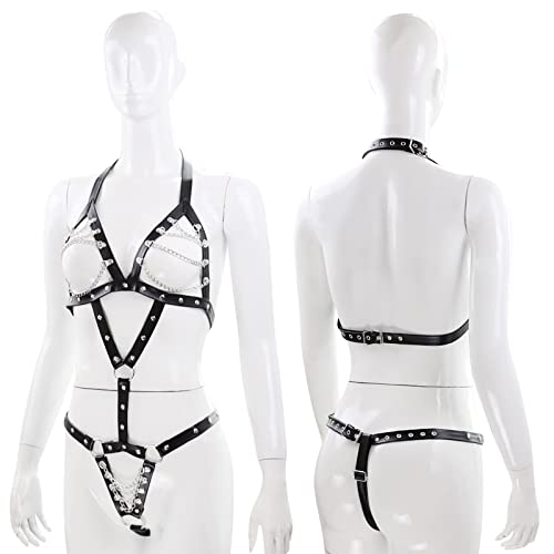 Dazifan Damen Punk Leder Harness Geschirre Busenfrei Ouvert Restraint Riemenbody Sexy Unterwäsche Negligee Set mit Kette Verstellbarer Gürtel Schultergurt Erotik Flirt Sex Spielzeug Rave Outfit