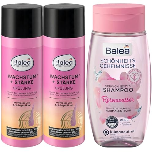 Balea 3er-Set Haarpflege: SPÜLUNG WACHSTUM & STÄRKE Conditioner für kraftloses brüchiges Haar (2 x 200 ml) + Schönheitsgeheimnisse Shampoo ROSENWASSER (250 ml), 650 ml