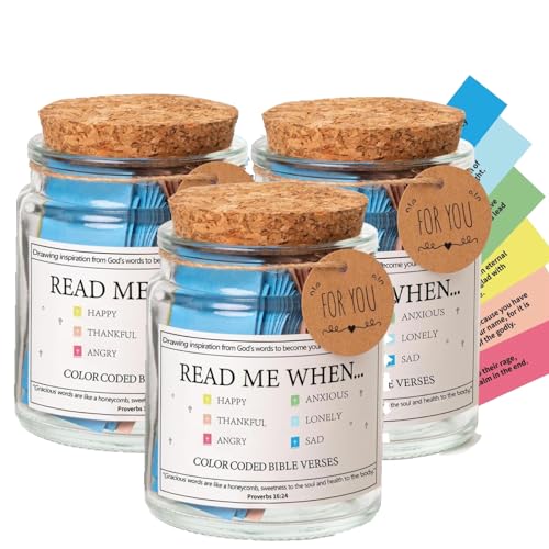 Bible Verses in a Jar,Glass Scripture Prayer Jar with Coloring Bible Verse,Christian Gifts Church Biblical Faith Based Valentines Gift,Read Me When Bible Verses Jar for Emotions and Feelings (3PC)