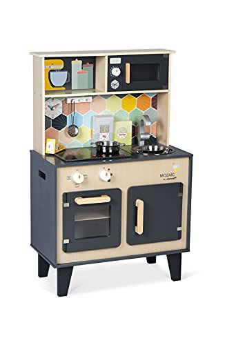 Janod Mozaïc Big Cooker-Spielküche für Kinder-Kinderküche mit Sound und Licht-Holzküche mit 3 Zubehörteilen + 3 Lebensmittelkartons-Ab 3 Jahren, J06609