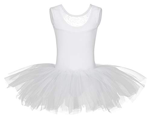 tanzmuster Kinder Ballett Tutu Lottie aus weicher Baumwolle mit Breiten Trägern und Spitzeneinsatz vorn in weiß, Größe:104/110