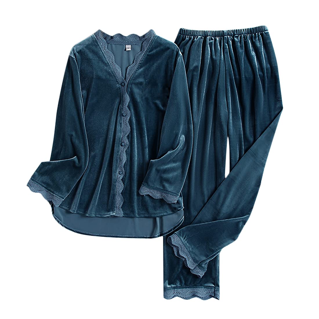 DEBAIJIA Damen Pyjama Nachtrobe Schlafanzug 2 PCS Winter Gold Samt Frauen Schlafkleid Weiblich Bademantel Bequem Warm Hausmantel (Blau Grau-XL)