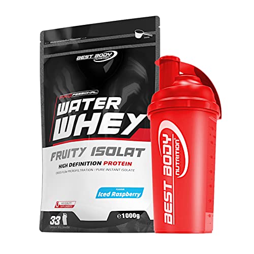 1 kg Best Body Nutrition Water Whey Fruity Isolate Molkenprotein + Protein Shaker (Iced Raspberry (Shaker rot))