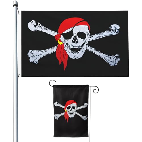 Lyiukz Piratenflagge, 90 x 150 cm, lustige Jolly Roger-Flaggen, doppelseitig, mit rotem Bandana und Gartenflaggen, 30,5 x 45,7 cm, lebendige Farben und farbecht, langlebig, für drinnen und draußen