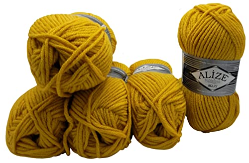 Alize 5 x 100 Gramm Superlana Maxi Wolle, 500 Gramm Strickwolle 75% Acryl 25% Wolle (gelb 488)