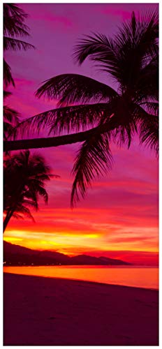 Wallario Selbstklebende Türtapete Abendrot unter Palmen - Pinker Himmel am Strand - Türposter 93 x 205 cm Abwischbar, rückstandsfrei zu entfernen