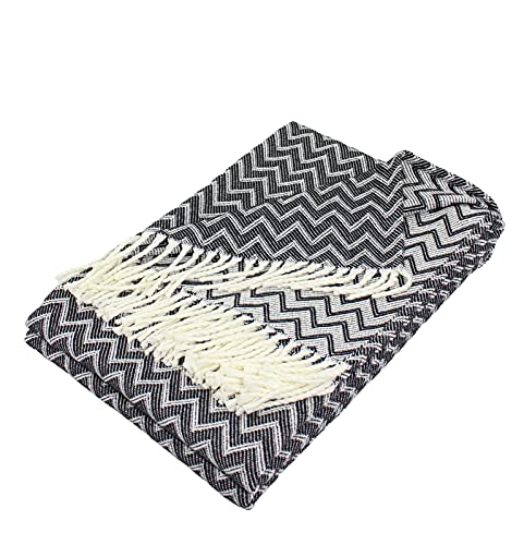 Moon Luxury Decke aus Baumwolle ca. 130x170 Kuscheldecke Zick-Zack Muster Tagesdecke mit Fransen leicht & kuschelig - weiß / schwarz