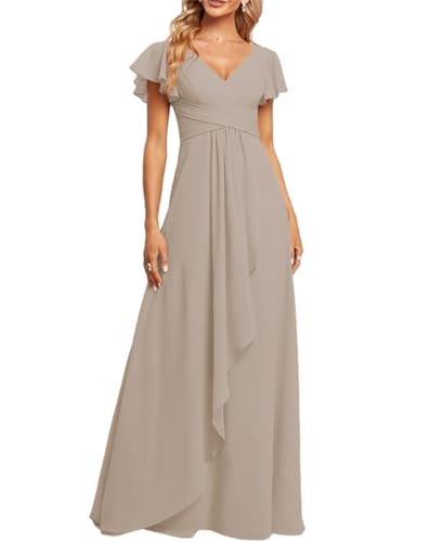 Brautjungfernkleider mit V-Ausschnitt, lang, kurze Ärmel, formelles Partykleid mit Taschen, taupe, 44