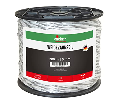Weidezaunseil, 5 mm Ø, weiß/grau - 200 m Rolle - sehr Gute Leitfähigkeit von nur 0,18 Ohm/m - ideal für Pferde - Made in Germany (1 Rolle)