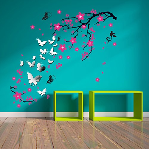 Walplus wsm2057 14 Spiegel Schmetterlinge Plus ws9034 Pink Blossom Blumen Wand Kunst, Mehrfarbig
