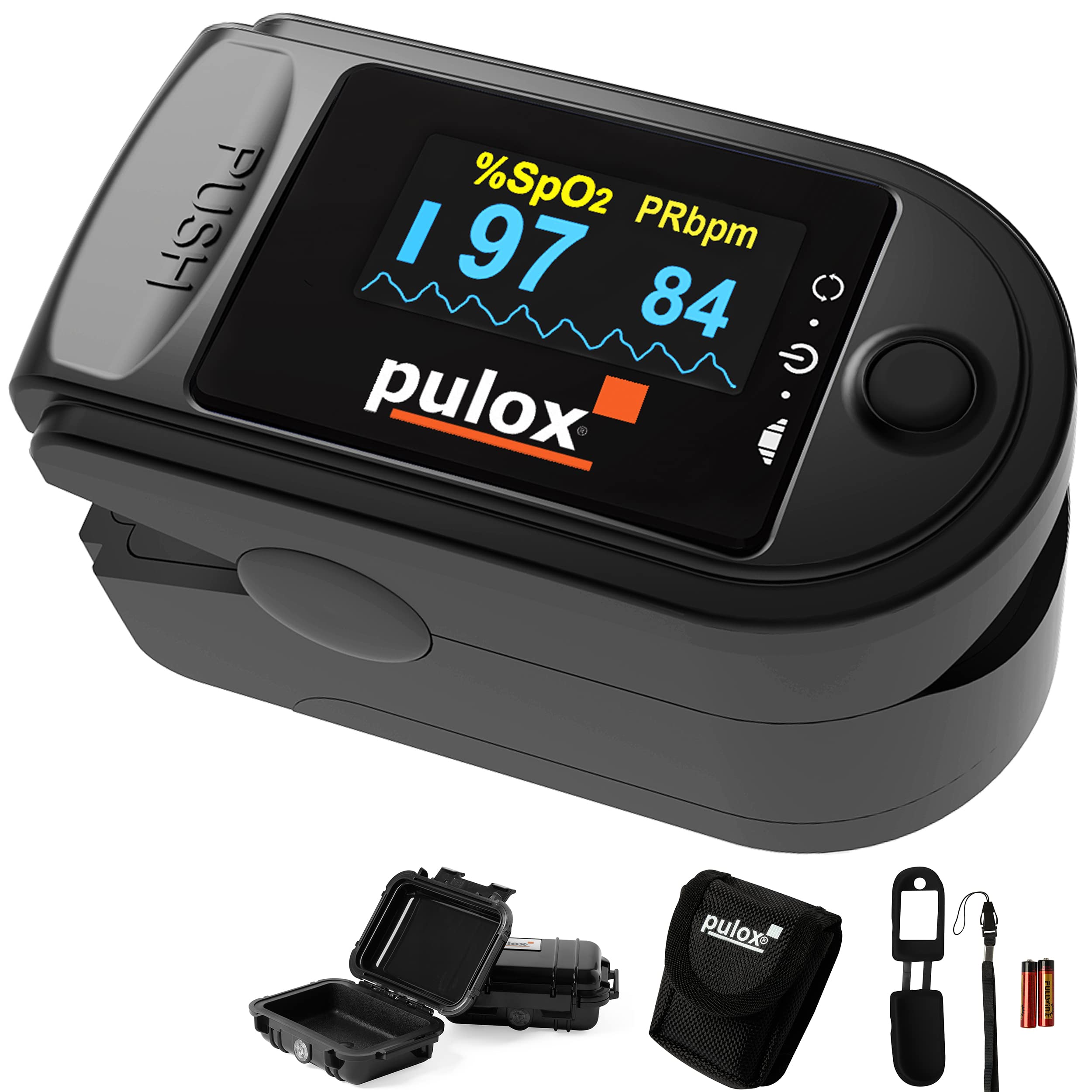 Pulsoximeter Pulox PO-200A mit Alarm, Pulston und Zubehör-Set zur Messung von SpO2, Puls und PI - Schwarz