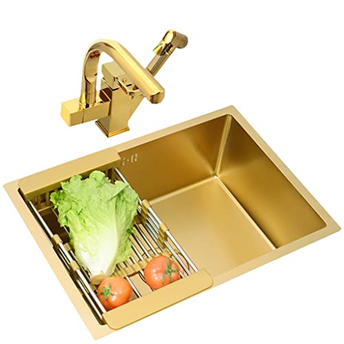 Gold-Küchenspüle mit einer Schüssel und Wasserhahn, Edelstahlspüle mit Abflusskorb, Fallrohrstange, hochwertige Spüle für die Installation über und unter der Bühne (Farbe: Gold, Größe: 45 x