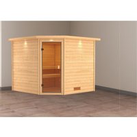 Woodfeeling Sauna Leona mit Kranz bronzierter Tür Naturbelassen