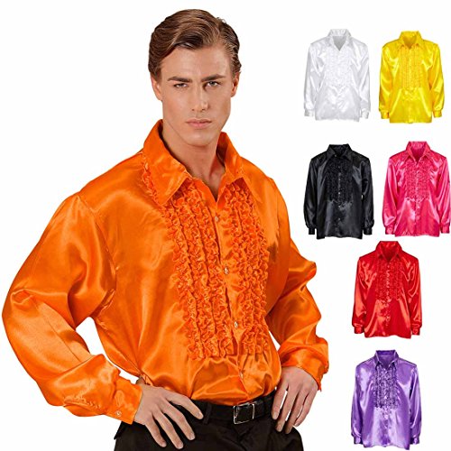Amakando Rüschenhemd Schlagerstar 70er Jahre Hemd XL 54 orange Disco Satinhemd Herrenhemd Schlager Schlagerparty Accessoire Saturday Night Fever