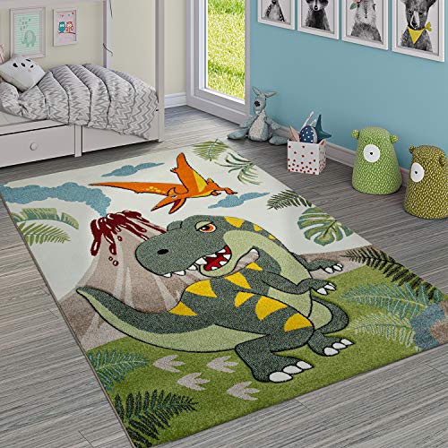 Paco Home Kinderzimmer Teppich Grün Dinosaurier Dschungel Vulkan 3-D Effekt Kurzflor, Grösse:160x230 cm
