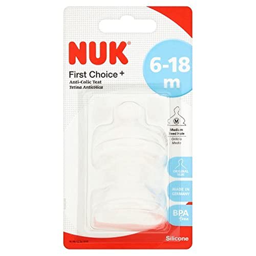 NUK ACC12-01 First Choice + Babyflaschensauger, 6-18 Monate, Silicone mit Medium-Feed Loch, Anti-Colic, 2 stück, transparent, 200 g