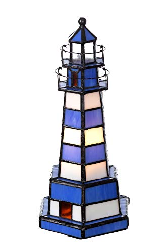Birendy Lampe im Tiffany-Stil Leuchtturm Dekorationslampe Glaslampe, Leuchte,Tischlampe, Tischleuchte (Blau-Weiß)