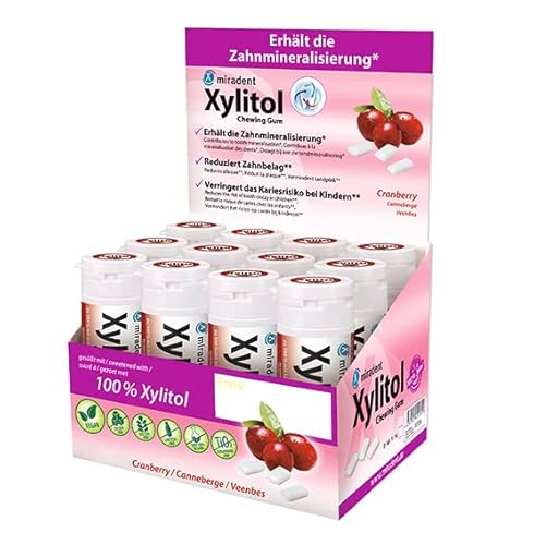 miradent Xylitol Zahnpflegekaugummi Cranberry Display 12 St. | fruchtiger Geschmack | zuckerfrei | vegan | kariespräventiv | ohne Aspartam, Sorbitol, Laktose, Titanium Dioxid | für unterwegs
