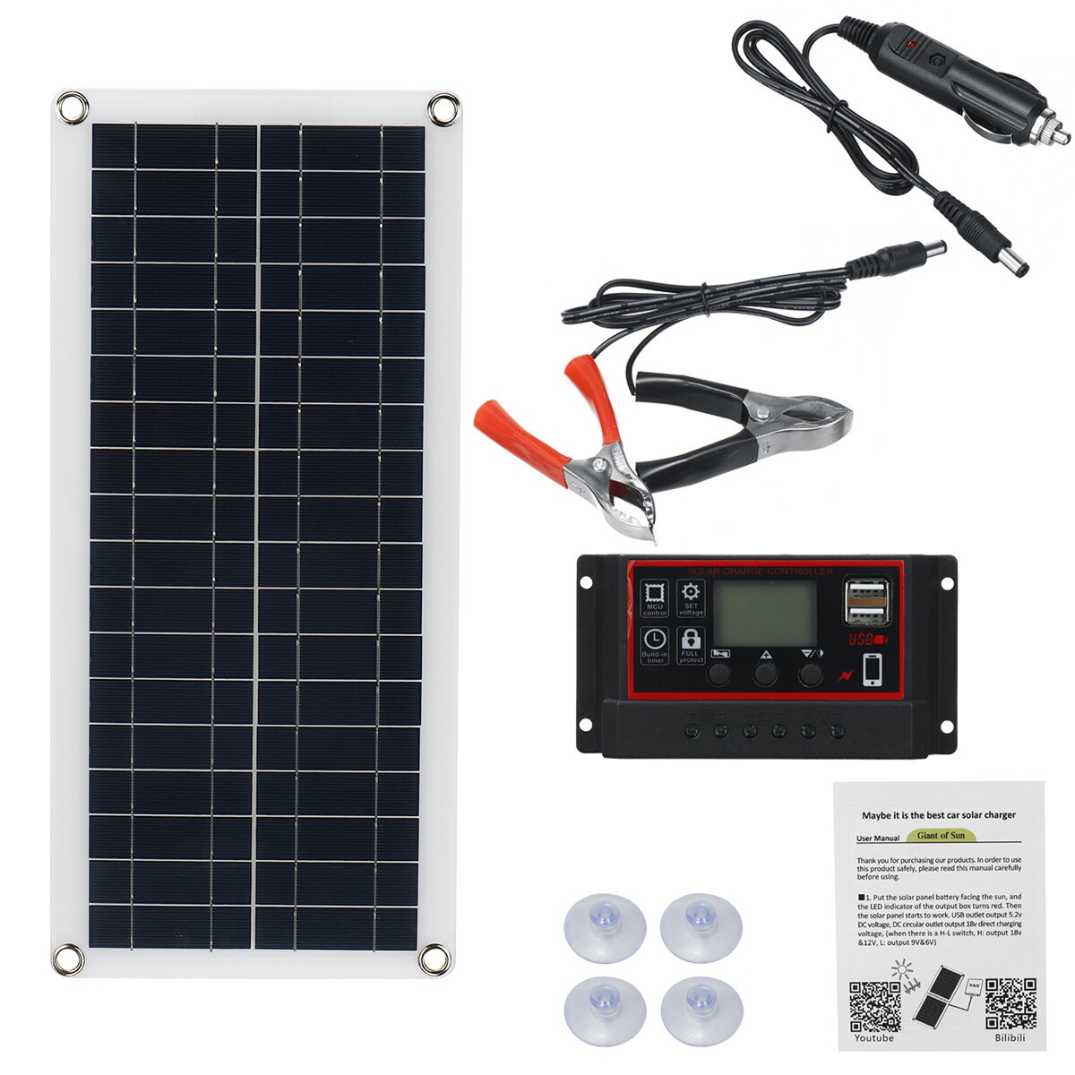 30W Solarpanel 12V Batterieladegerät 60A / 100A Dual-USB-Controller für Wohnmobilreisen, Autocamping