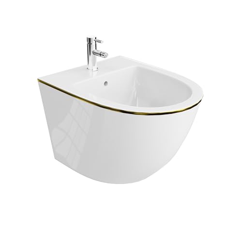 LAVITA Universal Wand-Bidet Sofi Gold Line mit Hahnloch und Überlaufschutz aus Keramik | Sitzwaschbecken zur Montage an der Wand | Hygienisch und Pflegeleicht | 36,5x49x32,5 cm |