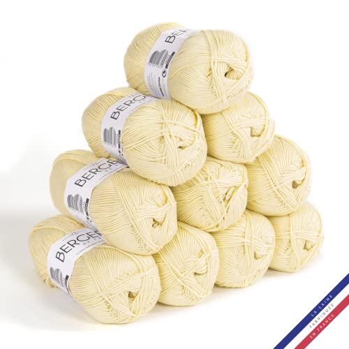 Bergère de France - 100% COTON BIO, Wolle set zum stricken und häkeln (10 x 50 g) 100% Bio-Baumwolle - 3 mm - Rundgarn für den Sommer - Gelb (Paille)