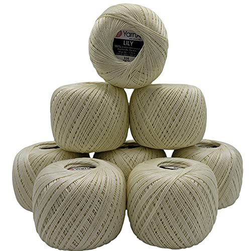 YarnArt Lily 8 x 50 Gramm Garn 100% merzerisierte Baumwolle, 400g Häkelgarn einfarbig, (creme 326)