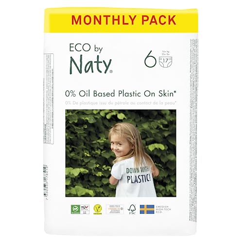 Eco by Naty, Größe 6, 102 Windeln, 16+ kg, MONATSVORRAT, pflanzliche Premium-Bio‑Windeln mit 0% Plastik auf der Haut