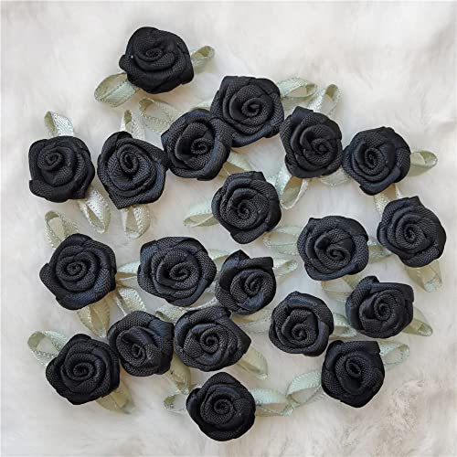 100 Teile/los Mini handgemachte Rose Blume Satinband Rosetten Stoffapplikationen geeignet for Hochzeitsdekoration Handwerk Nähzubehör (Color : Black)
