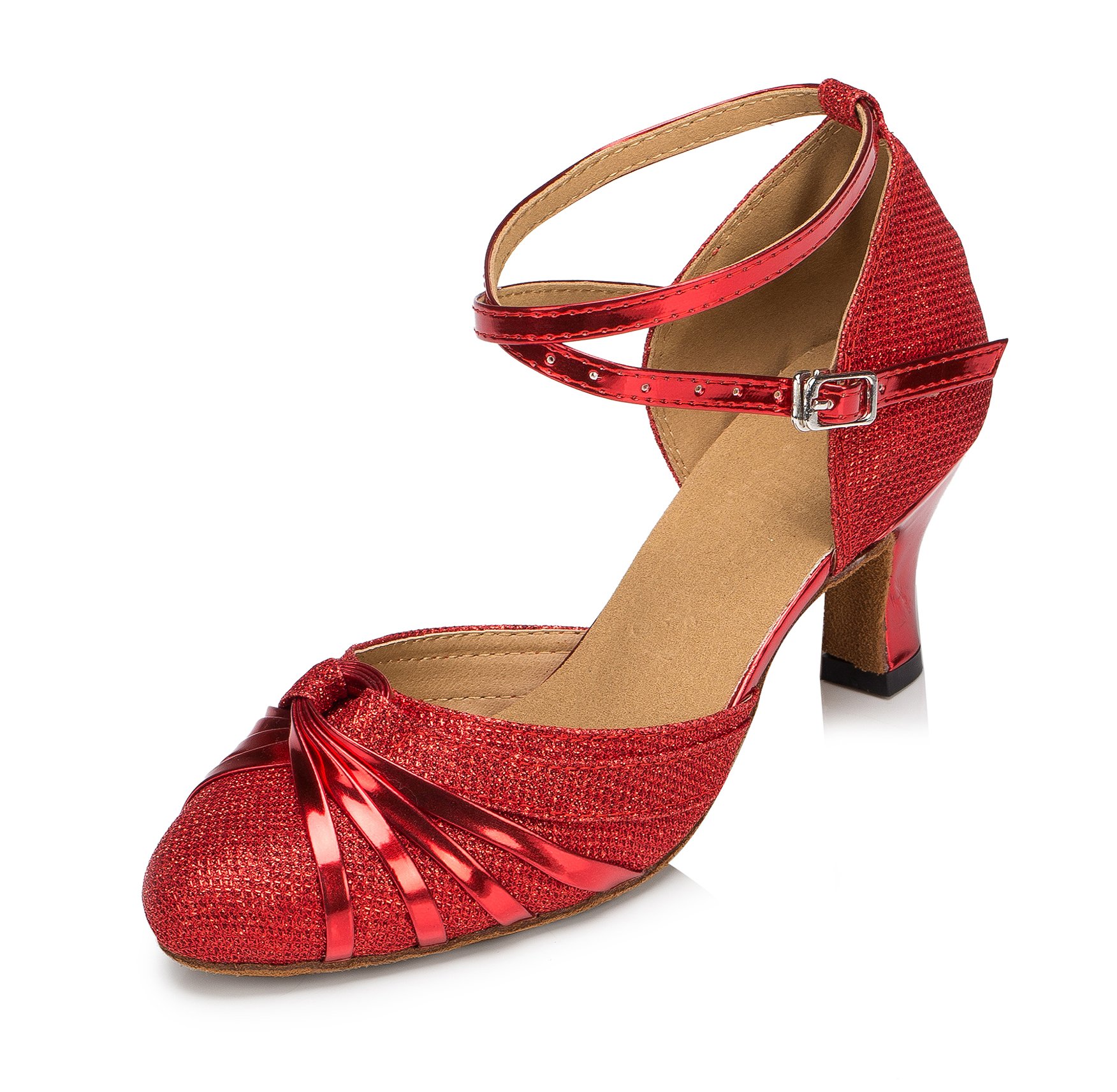 URVIP Neuheiten Frauen's Pailletten Heels Absatzschuhe Moderne Latein-Schuhe mit Knöchelriemen Tanzschuhe LD072 Rot 34 2/3 EU