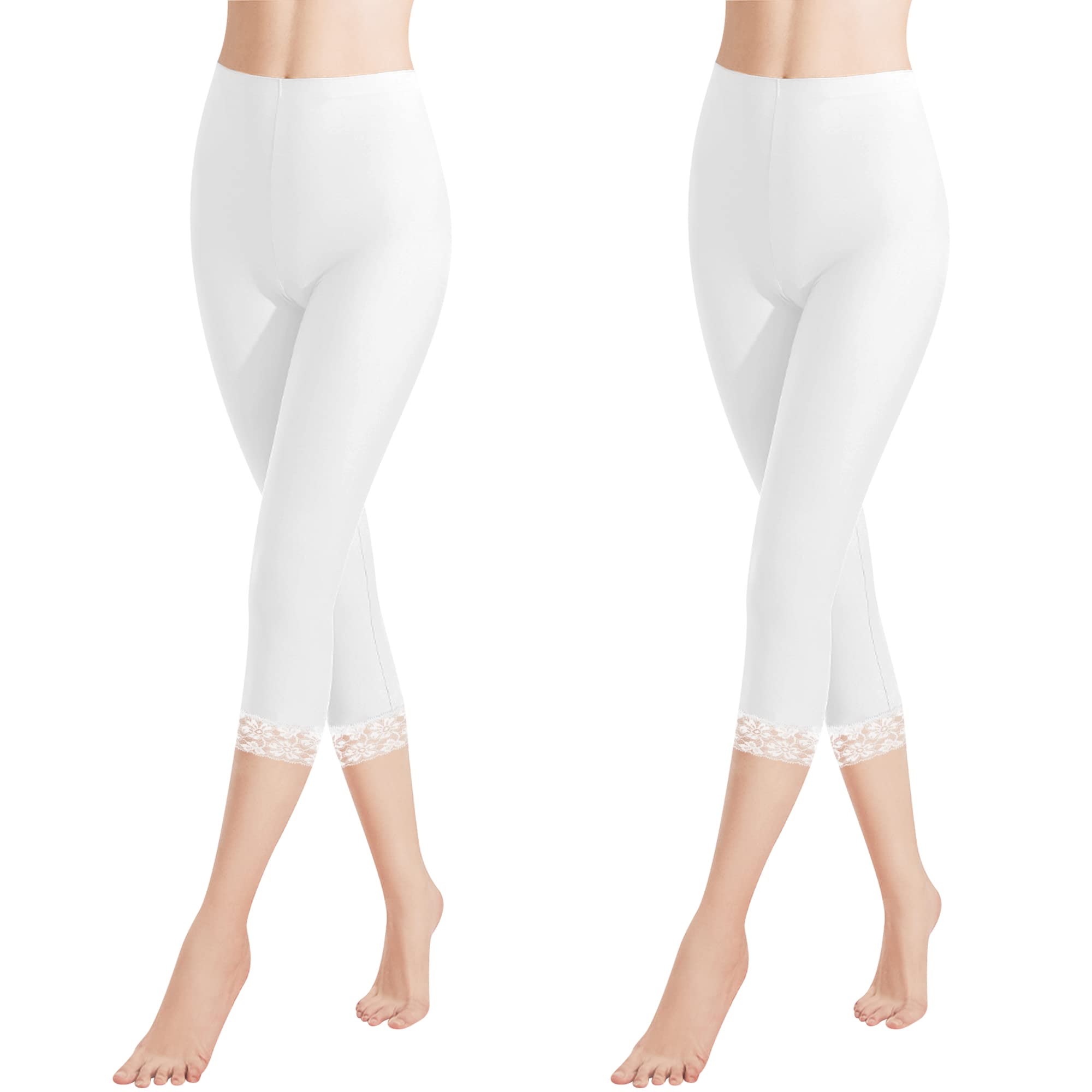 Libella 2er Pack Damen Leggings 3/4 Hose mit Spitze aus Baumwolle Capri-Hose mit Hohe Taille bunt Slim Fitnesshose Weiß M 4166