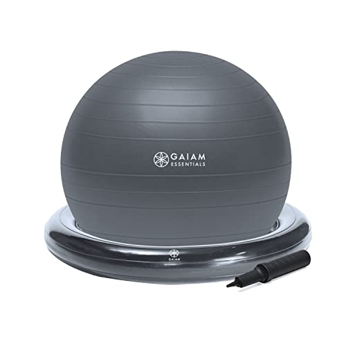 Gaiam Essentials Balance Ball & Base Kit, 65 cm Yoga Ball Stuhl, Gymnastikball mit aufblasbarer Ringbasis für Zuhause oder Büro, inkl. Luftpumpe, Grau